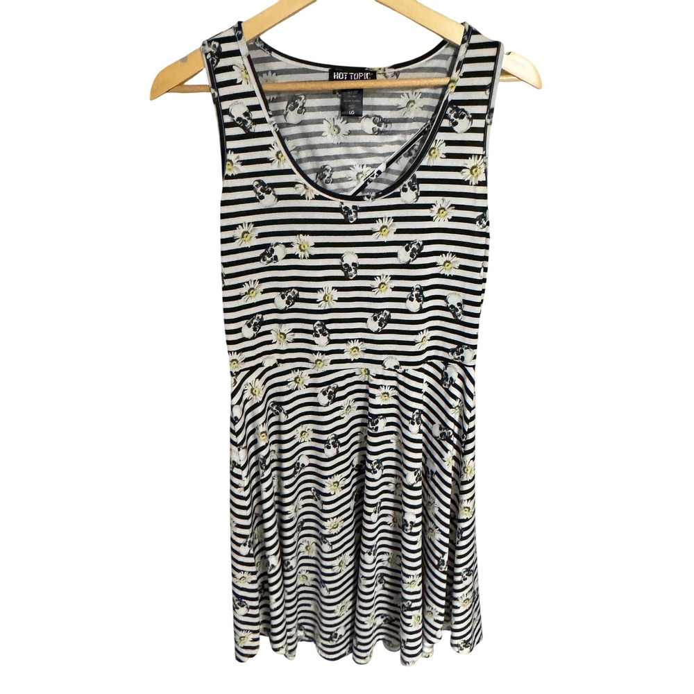 Hot‎ Topic Womens Skater Dress Large Black White Stripe Skull Daisy Cutout Back